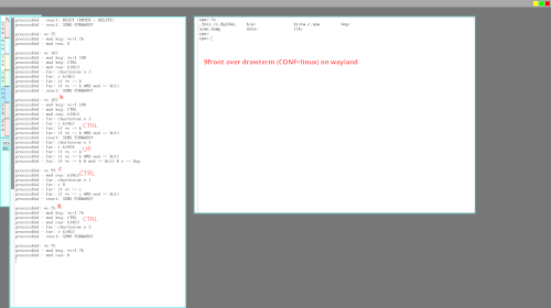 9front over drawterm (CONF=linux) on wayland - regular character denotes CTRL