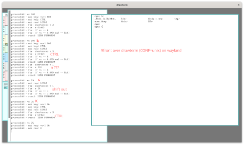 9front over drawterm (CONF=unix) on wayland - regular character denotes Shift Out