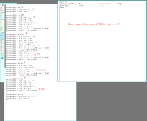 9front over drawterm (CONF=linux) on x11 - regular character denotes Shift Out