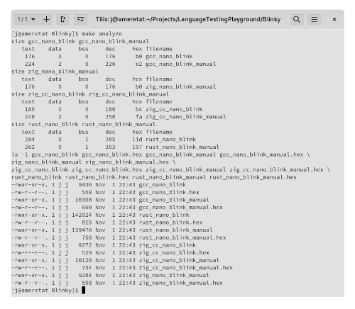 File size, data size, and memory size of c, zig and rust on avr