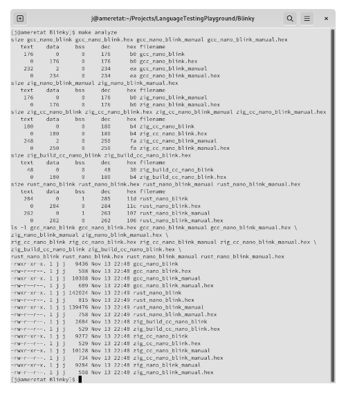 File size, data size, and memory size of c, zig using build.zig and rust on avr